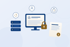 Illustration: Praxisbildschirm mit Patientenakte, Schloss, Datensicherung, Team und Frist-Uhr
