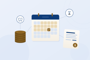 Illustration: Kalender mit markierter Zahlungsfrist, Münzstapel, Zahn-Symbol, Sanduhr und Rechnung mit Paragrafensiegel